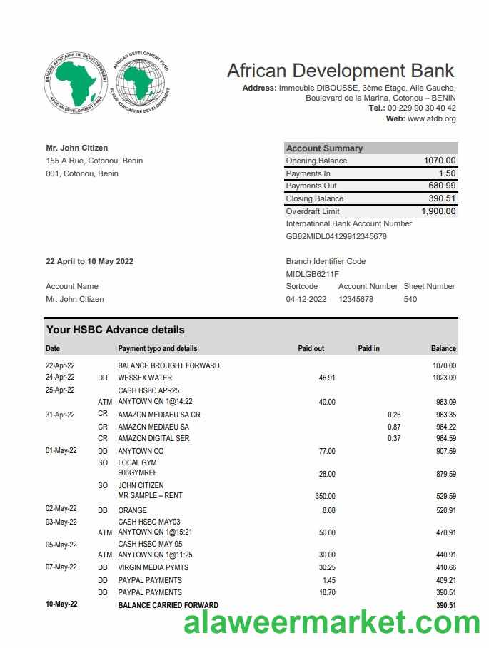 Benin African Development Bank statement xls